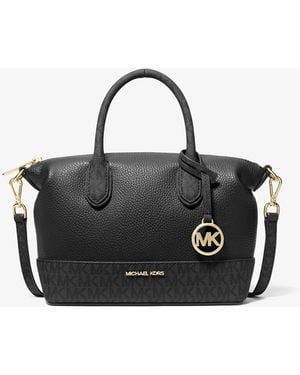 Michael Kors Outlet Mk Hyde Small Pebbled And Signature Logo Satchel - Black