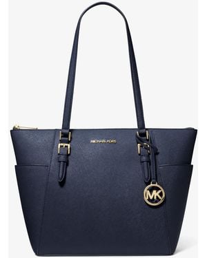 Michael Kors Outlet Mk Charlotte Large Saffiano Leather Top-Zip Tote Bag - Blue