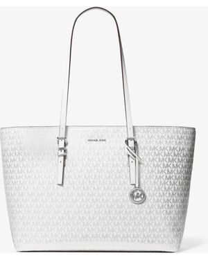 MICHAEL Michael Kors Mk Quinn Large Metallic Signature Logo Tote Bag - White