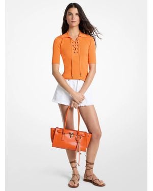 Michael Kors Mk Ribbed Stretch Viscose Lace-Up Polo Top - Orange