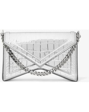 Michael Kors Manhatta Medium Metallic Crocodile Embossed Leather Bag - White