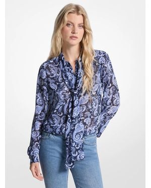 MICHAEL Michael Kors Paisley Print Georgette Tie-Neck Blouse - Blue