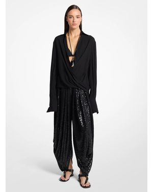 Michael Kors Hand-Embellished Sequin Georgette Jersey Draped Pants - Black