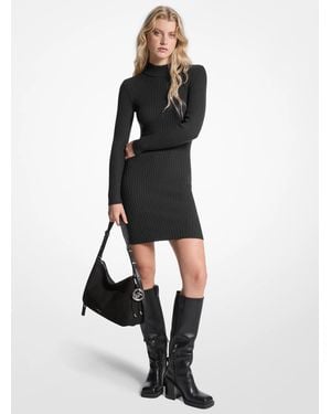 Michael Kors Ribbed Stretch Wool Mock Neck Dress - Black
