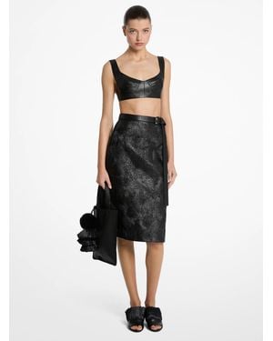 Michael Kors Mk Hand-Embroidered Floral Plongé Leather Skirt - Black