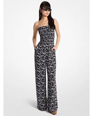 Michael Kors Mk Floral Print Smocked Georgette Belted Jumpsuit - White