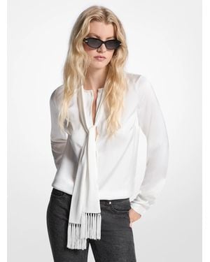 MICHAEL Michael Kors Satin Fringed Tie-Neck Blouse - White