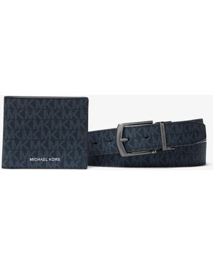 Michael Kors Outlet Mk Signature Logo Billfold Wallet And Belt Gift Set - White