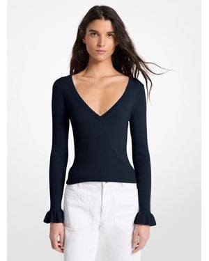 MICHAEL Michael Kors Mk Ribbed Wool Blend V-Neck Jumper - Blue