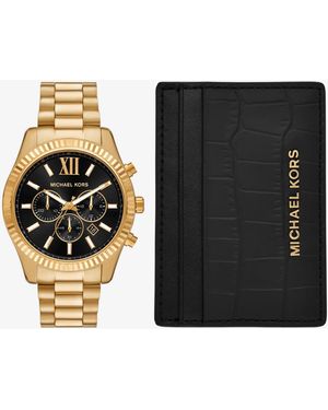 Michael Kors Oversized Lexington-Tone Watch And Crocodile Embossed Leather Card Case Gift Set - Black