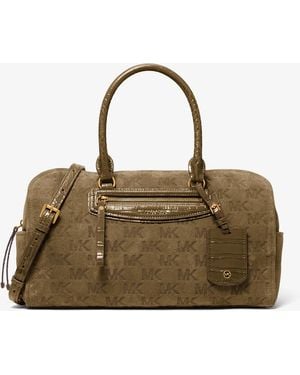 MICHAEL Michael Kors Michael Kors Jet Set Travel Medium Logo Embossed Suede Duffel Crossbody Bag - Green
