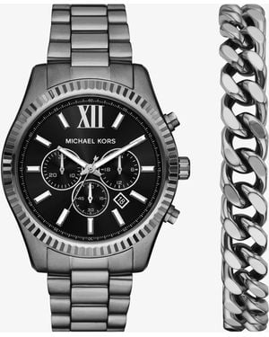 Michael Kors Mk Oversized Lexington Gunmetal Watch And Bracelet Gift Set - Black