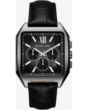 Michael Kors Oversized Hayes Gunmetal-Tone And Crocodile Embossed Leather Strap Sport Watch - Black