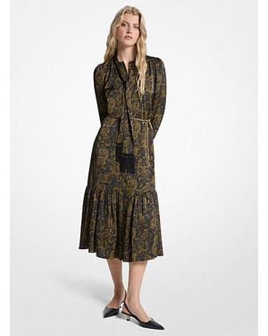 Michael Kors Paisley Print Satin Tie-Neck Midi Dress - Green