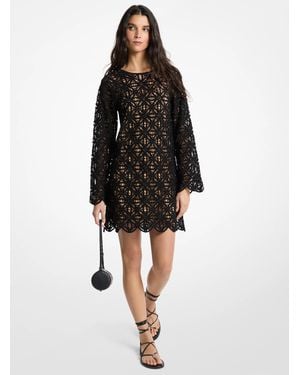 Michael Kors Crochet Crewneck Long-sleeve Mini Dress - Black