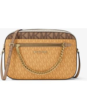 Michael Kors Outlet Mk Jet Set Large Signature Logo Crossbody Bag - Natural