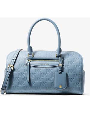 MICHAEL Michael Kors Mk Jet Set Travel Medium Logo Embossed Leather Duffel Crossbody Bag - Blue