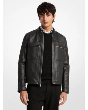 Michael Kors Leather Double-Zip Racer Jacket - Black