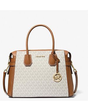 Michael Kors Outlet Mercer Medium Signature Logo And Leather Belted Satchel - Natural