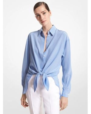 Michael Kors Mk Striped Organic Silk Crepe De Chine Tie-Front Shirt - Blue