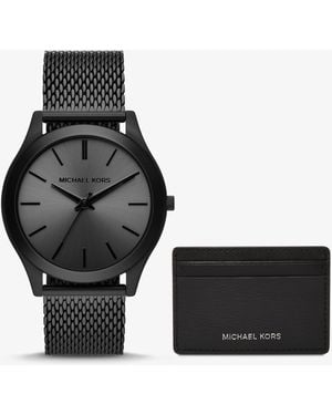 Michael Kors Runway Black Stainless Steel Mesh Watch & Leather Cardholder Gift Set