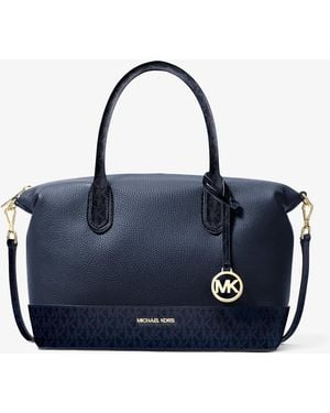 Michael Kors Outlet Mk Hyde Medium Pebbled And Signature Logo Satchel - Blue