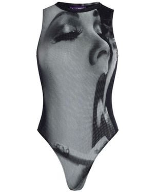 Jean Paul Gaultier Body Tulle Nero Con Stampa Smoking All-Over - Grigio
