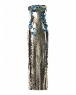Monique Lhuillier Abito Lungo A Colonna Con Paillettes Argento E Applicazioni Floreali 3D - Verde