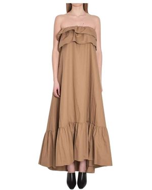 Saint Laurent Kleedjes ,Bruin ,Katoen Maxi-Jurk Met Ruches En Strapless - Naturel