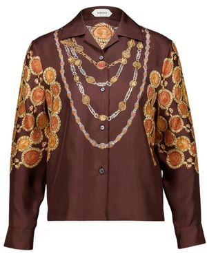 Versace Overhemden ,Veelkleurig ,Leer Zijden Twill Blouse Met Kettingmotief - Bruin