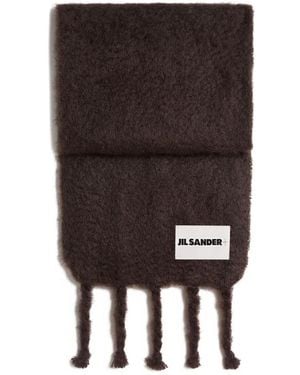 Jil Sander Bruine Sjaal Met Franje En Logopatch - Zwart