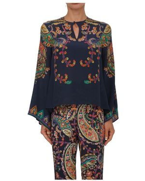 Etro Overhemden ,Veelkleurig ,Zijden Blouse Met Geplaatste Paisley- En Bloemenprint - Blauw