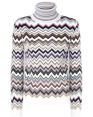 Missoni Truien & Vesten ,Veelkleurig ,Wol Gebreide Coltrui Met Zigzaggroen - Wit