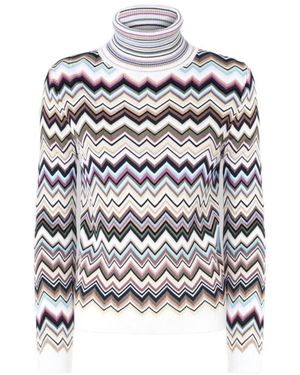 Missoni Truien & Vesten ,Veelkleurig ,Wol Gebreide Coltrui Met Zigzaggroen - Wit