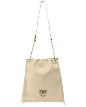 Pinko Lederne Quadratische Handtasche Mit Kordelzug - Natur