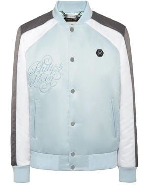 Philipp Plein Jassen ,Blauw ,Polyester Satin Bomber Jacket Logo