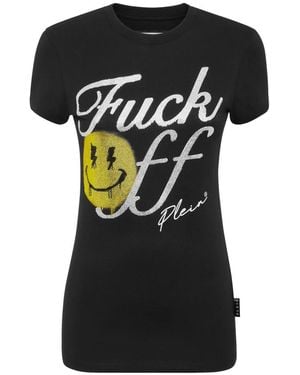 Philipp Plein Tops ,Zwart ,Katoen T-Shirt Slim Fit Smile