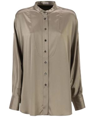 Brunello Cucinelli Zijden Blend Bandkraag Shirt - Naturel