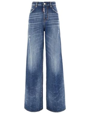 DSquared² Jeans ,Blauw ,Katoen Logo High-Waist Wide-Leg Jeans