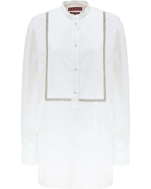 Gucci Kleedjes ,Wit ,Katoen Witte Katoenen Popeline Blouse Met Kristaldecoraties