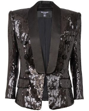 Balmain V-Ausschnitt Glitzer Satin Taillierter Blazer - Schwarz