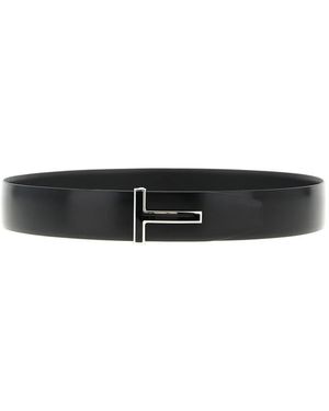 Tom Ford Gladde Leren Riem Met Emaille Gesp T - Zwart