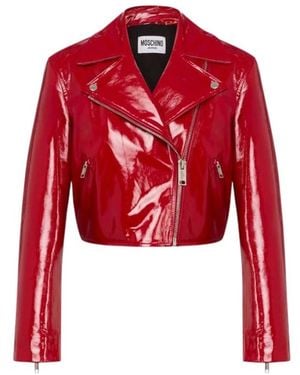 Moschino Jassen ,Rood ,Leer Patent Leren Biker Crop Jas