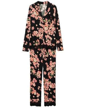 Twinset Nachtkleding ,Veelkleurig ,Geprinte Jersey Pyjamaset Met Geschulpte Kant - Zwart