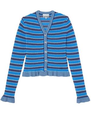 Ganni Truien & Vesten ,Blauw ,Katoen Cotton Pointelle Stripe Cardigan Marina