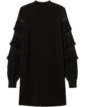 Twinset Kleedjes ,Zwart ,Mini Gebreide Jurk Met Ruches En Opengewerkte Mesh