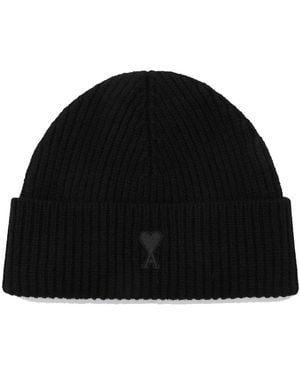 Ami Paris Schwarze Woll-Beanie-Mütze Mit Aufschlägen