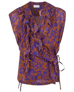 Dries Van Noten Overhemden ,Veelkleurig ,Gedrukte Ruche Wikkelblouse - Paars