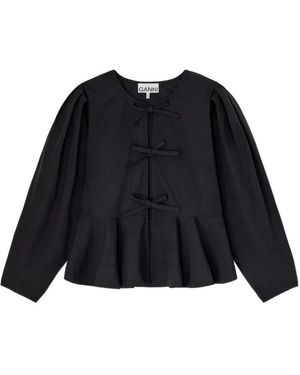Ganni Katoenen Poplin Peplum Strik Blouse - Zwart