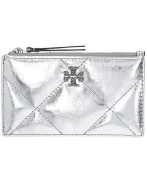 Tory Burch Accessoires ,Grijs ,Leer Kira Diamond Quilt Metallic Zip Card Case